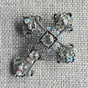 Silver Victorian Cross Brooch Pin Pendant Rhinestone Faith God Trinity Gothic